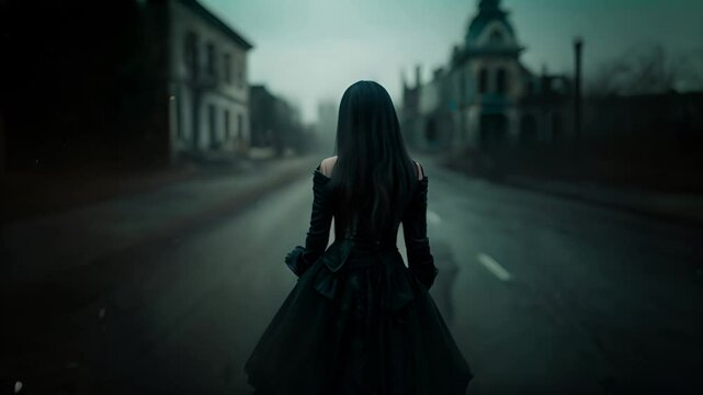 woman in along black gothic dress walking on the empty street of an old town.