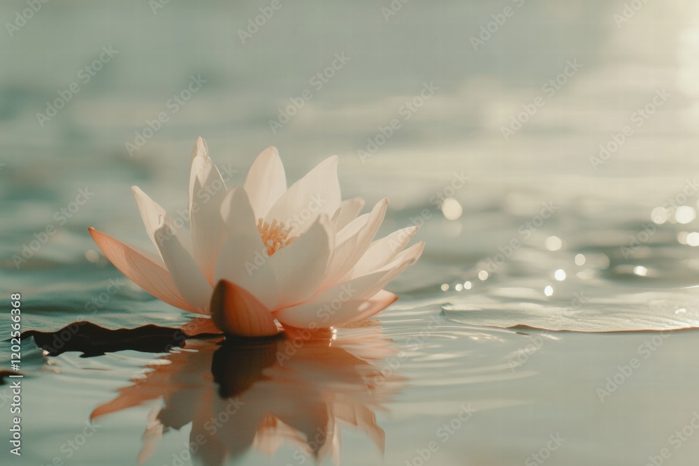 Poster delicate lotus blossom floating gracefully on calm water surface during tranquil evening light. gene