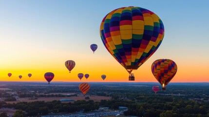 Obraz premium Colorful hot air balloons soar at sunrise over rural landscape