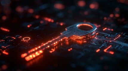 A virtual key unlocking an encrypted folder with floating data symbols in the background. 179