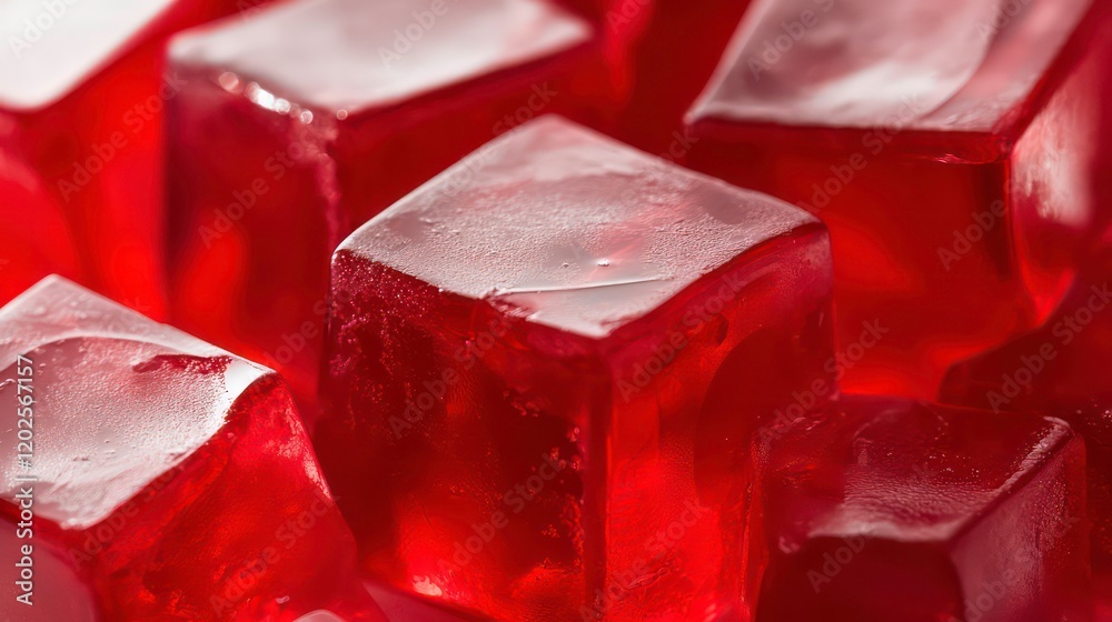 Poster close-up of shiny, translucent red gelatin cubes.