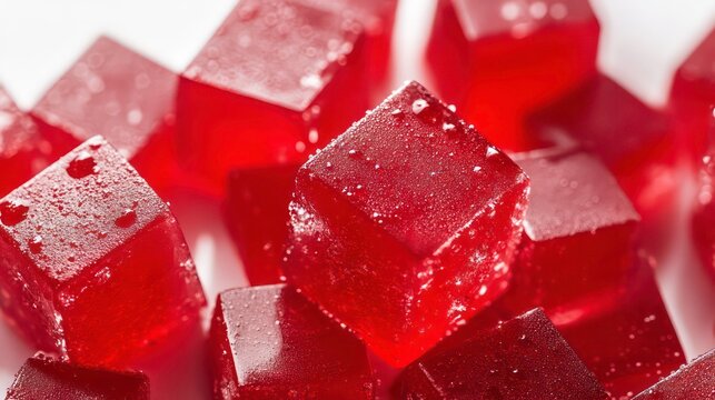 Close-up of vibrant red, translucent, square-shaped jelly candies with water droplets.
