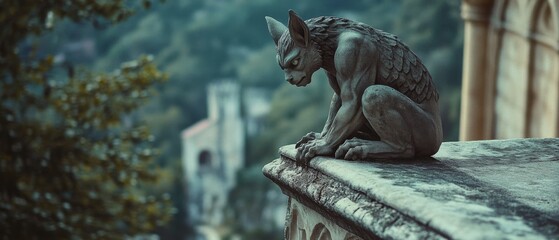 Another sculpted gargoyle leans forward on an ancient cathedral terrace, gazing into the lush valley below, embodying gothic mystery and watchful presence.