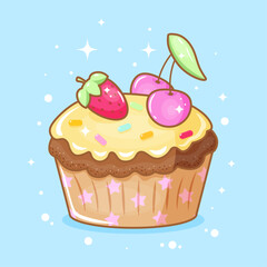 Vector design of a cupcake with strawberries and cherries with colored sprinkles