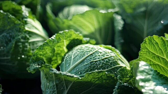 Fresh green cabbage in a lush garden setting under soft sunlight