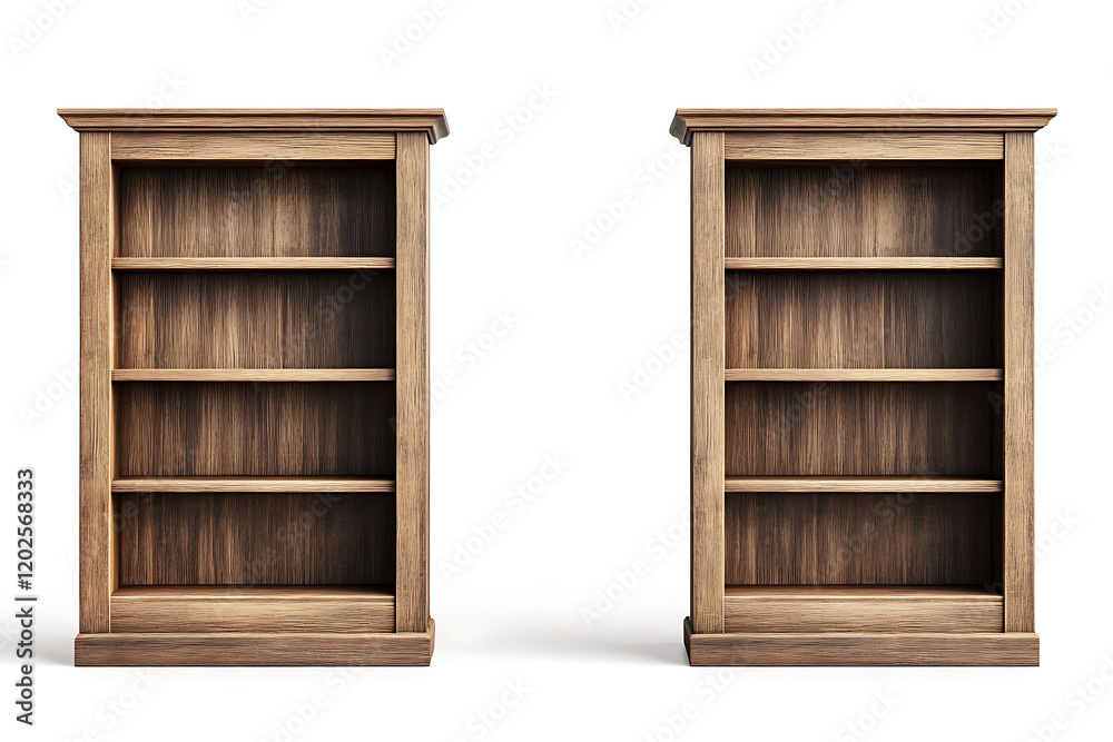 Poster set of three wooden bookcases isolated on a white background