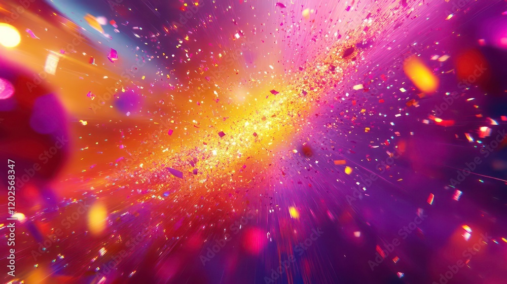 Poster vibrant confetti explosion with bright lights and colorful sparkles.