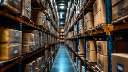 Immense Warehouse Inventory: Rows of Cardboard Boxes Stacked High