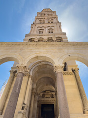 Split, Croatia - July 1, 2024: Historic downtown. Saint Domnius Cathedral tower seen from Courtyard...