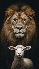 Lion and lamb in serene contrast