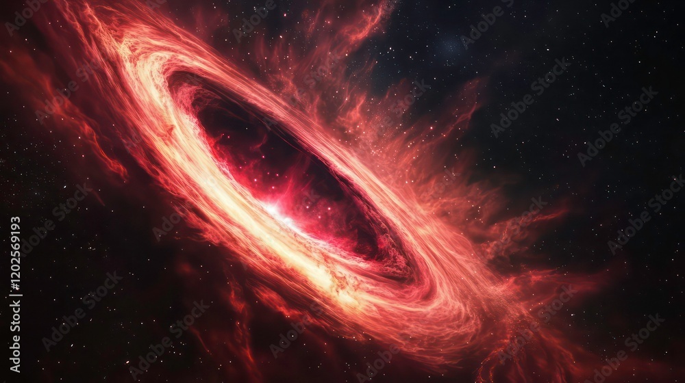 Aufkleber Fiery red nebula swirls around a dark, glowing center in deep space.