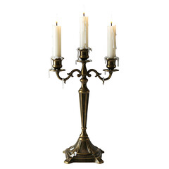 Fototapeta premium Tall bronze candlestick for three candles, wax dripping and dripping isolated on transparent background png