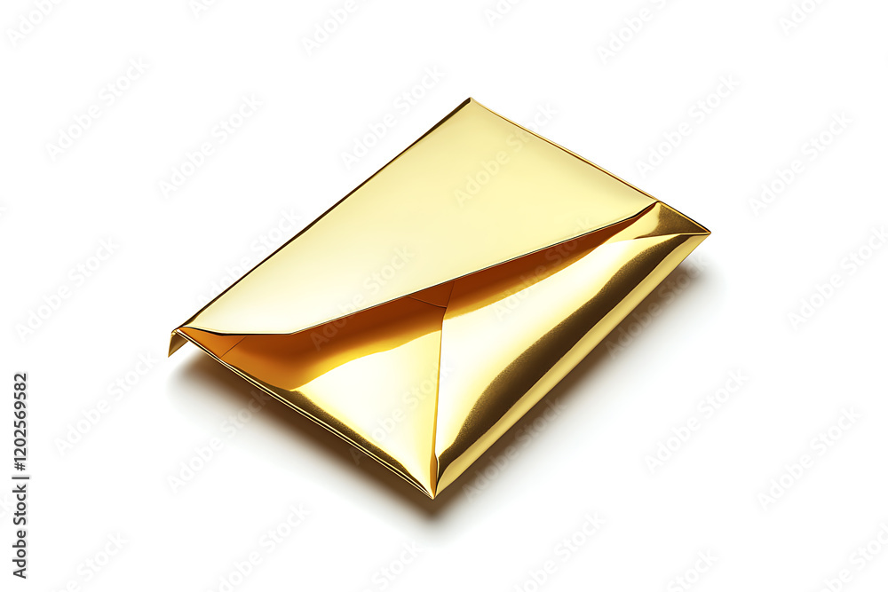 Poster Shiny gold envelope open with a triangular flap, showcasing a luxurious and elegant design isolated on a white background