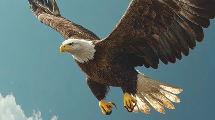 Obraz premium Majestic bald eagle soaring against blue sky