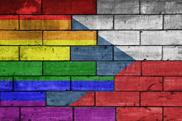 colourful painted big flag of czech republic and rainbow gay pride flag on a massive old brick wall background. concept