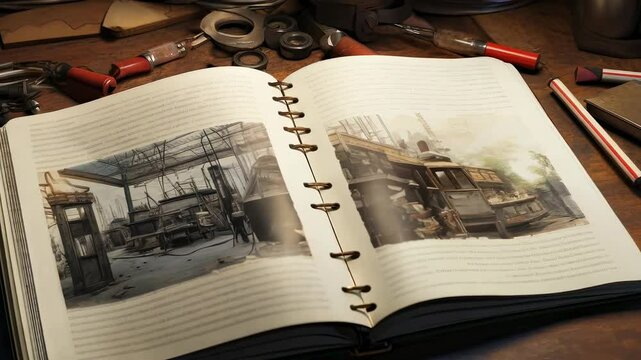 Open sketchbook displaying industrial scenes with tools scattered on a wooden table
