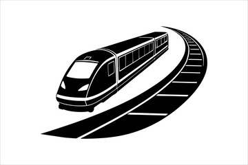 Streamline commuter train turning. Silhouette illustration in perspective view, train silhouette vector