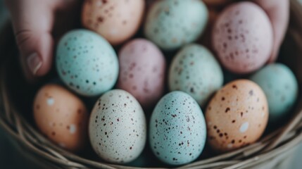 Colorful Easter eggs in a cozy wicker basket ready for celebration