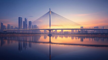 Obraz premium Majestic suspension bridge at sunset over bay