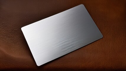 Brushed blank metal card mockup resting on brown leather surface.