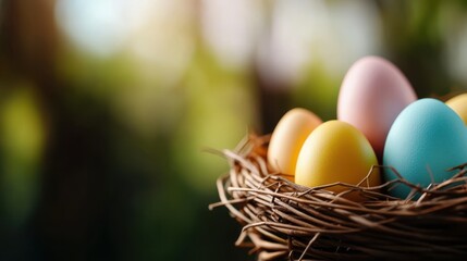 Obraz premium Colorful Easter eggs nestled in a charming natural basket
