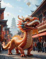 Fototapeta premium Vibrant Dragon Dance Celebration in a Festive Street