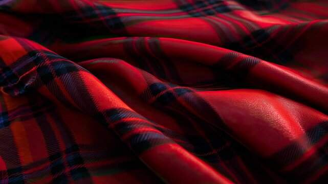 Red tartan fabric with flowing texture and vibrant patterns