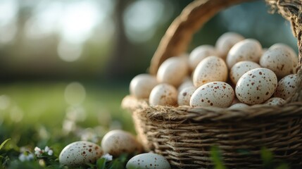 Obraz premium Brightly colored eggs in a basket as children enjoy an Easter egg hunt