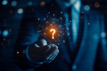 Businessman holding question mark icon with network connections on blue background