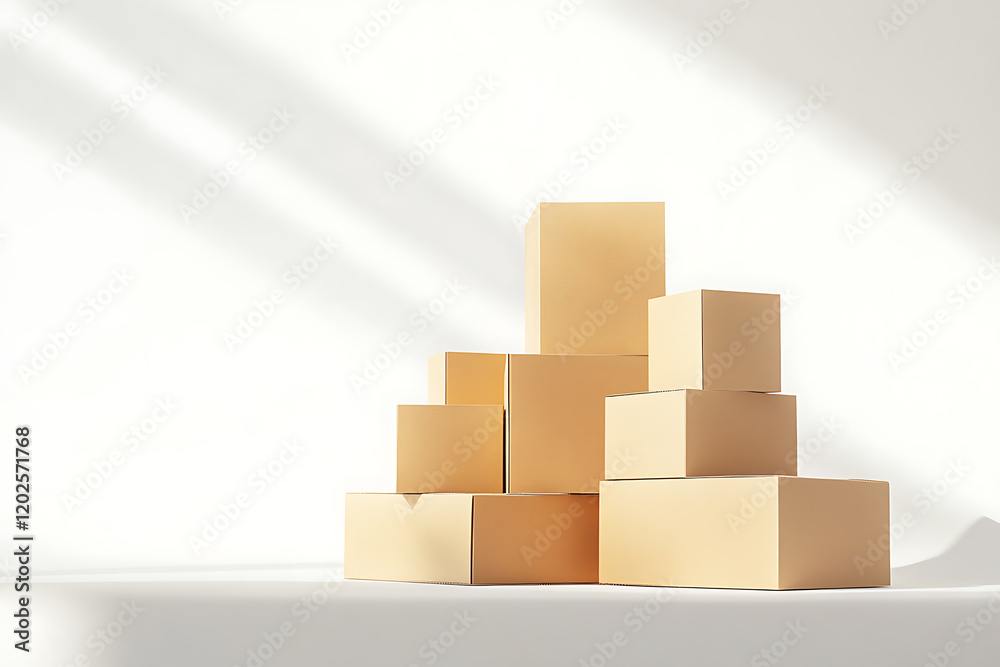 Poster Stack of cardboard boxes in various sizes isolated on a white background