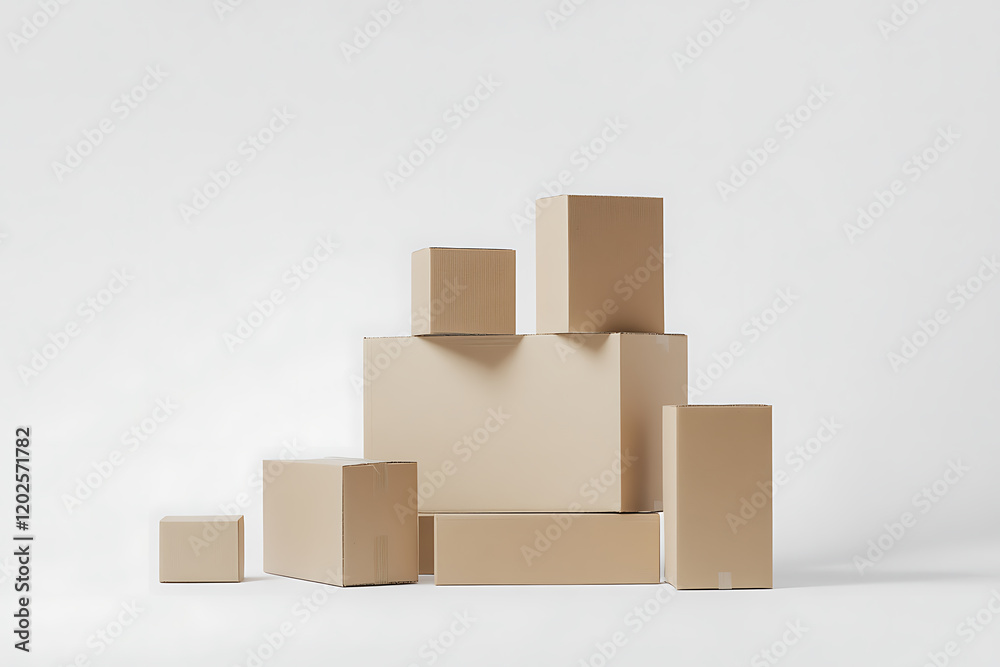 Poster Stack of cardboard boxes in various sizes isolated on a white background