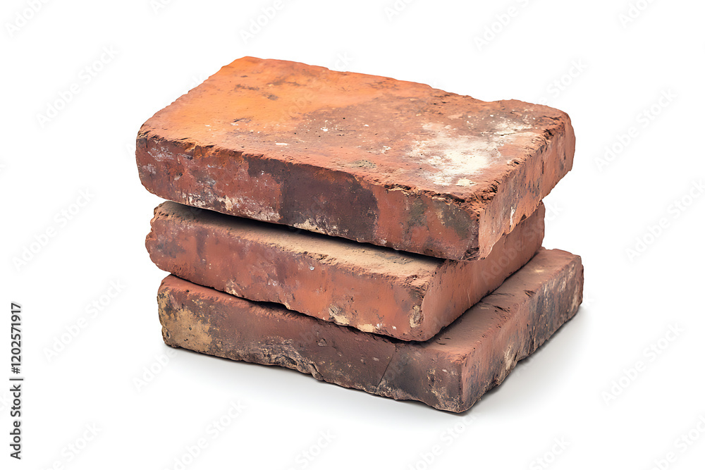 Poster Stack of old red bricks isolated on a white background