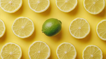 Fototapeta premium Lemons and limes on a yellow background, cut in half