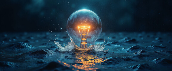 Illuminated light bulb emerging from water, conveying a sense of creativity and inspiration, symbolizing innovative ideas in a serene aquatic environment