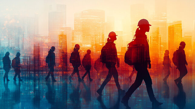 A modern and dynamic multiple exposure of a woman construction worker symbolizing Labor Day with blurred motion, representing hard work, dedication, and progress in the construction industry

