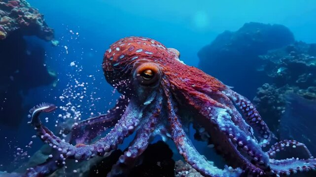 Majestic octopus exploring a vibrant underwater reef