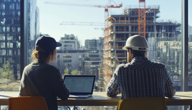 Colleagues collaborating on architectural project with tablet and laptop at office construction site