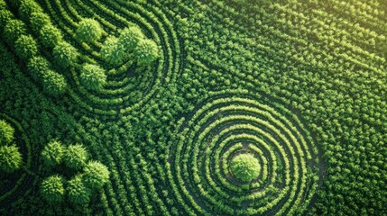 Aerial View of Circular Crops and Trees