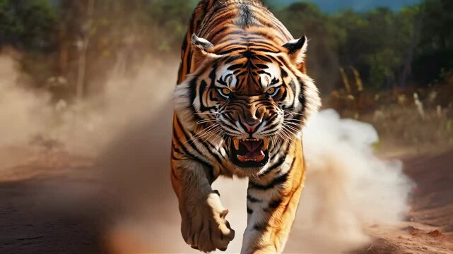 fierce tiger charging through dusty terrain