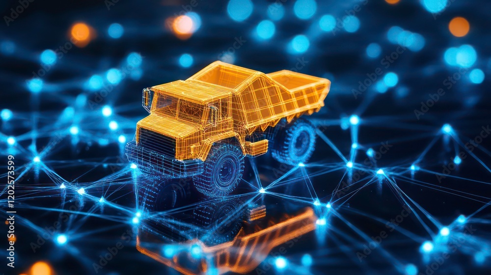 Poster Miniature dump truck model on a network connection background.