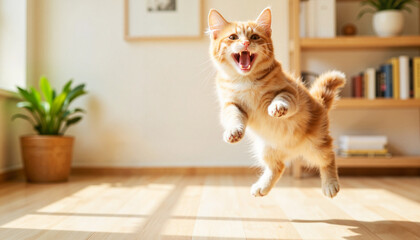 Abyssinian kitten jumping with excitement in bright indoor space, playfulness