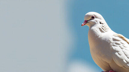 Obraz premium Close up of a white dove, symbol of peace and hope, against a clear blue sky. Perfect for concepts of serenity, spirituality, and new beginnings.