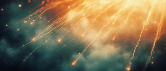 Fototapeta premium Radiant streaks of light in a cosmic dance, creating a mesmerizing visual of fiery trails against a backdrop of smoky blue, evoking energy and mystery.