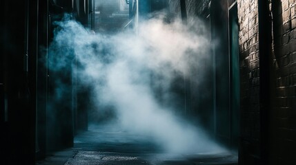 Eerie alleyway filled with rising mist creating an atmospheric scene