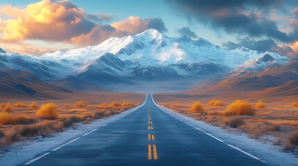 Scenic highway journey, majestic snow-capped mountains, autumnal landscape, sunset