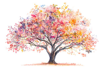 The tree of life in colorful spring watercolor painting isolated on a white background