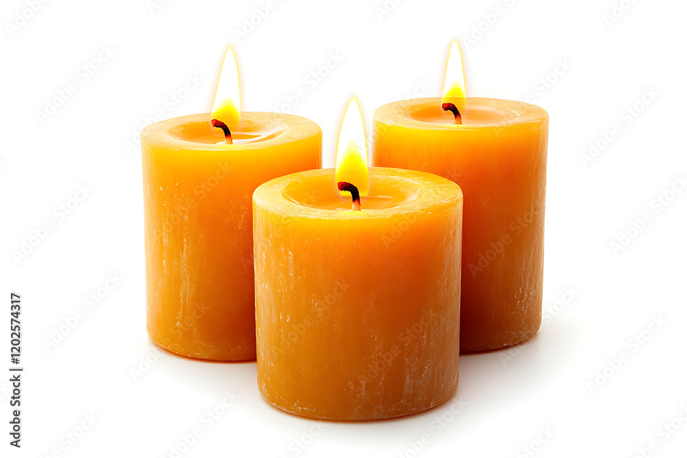 Poster three pillar candles with flames illuminated isolated on a white background