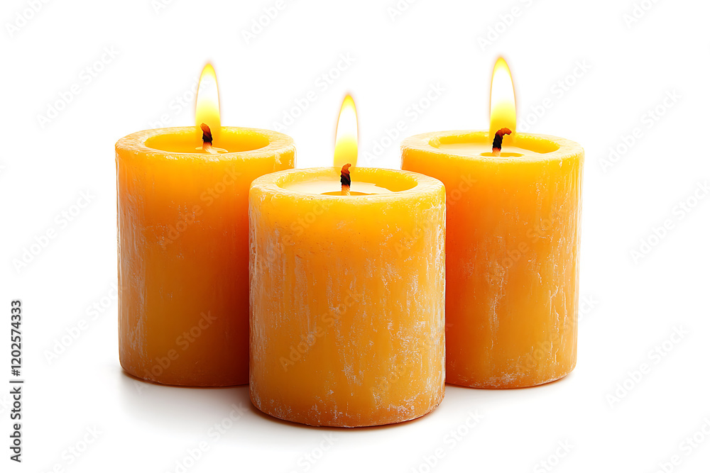 Poster three pillar candles with flames illuminated isolated on a white background