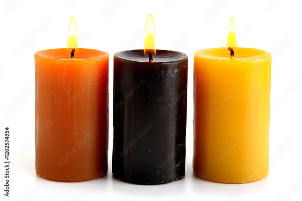 Poster three pillar candles with flames illuminated isolated on a white background