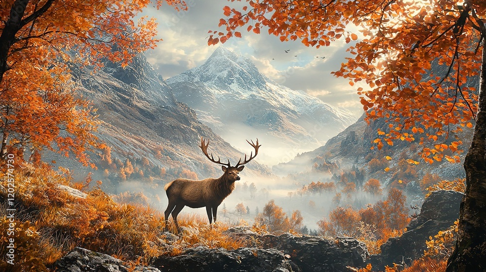 Canvas Prints a deer stands in a forest with a mountain behind and trees in front